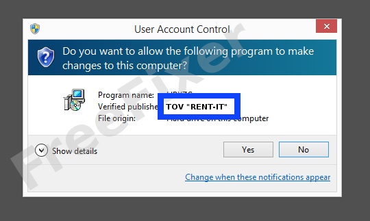 Screenshot where TOV "RENT-IT" appears as the verified publisher in the UAC dialog